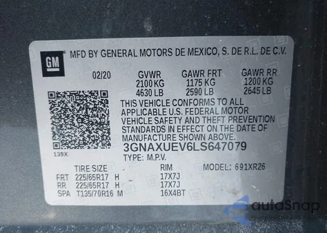 2020 Chevrolet Equinox Awd Lt 1.5L Turbo z USA, uszkodzony, nr VIN 3GNAXUEV6LS647079